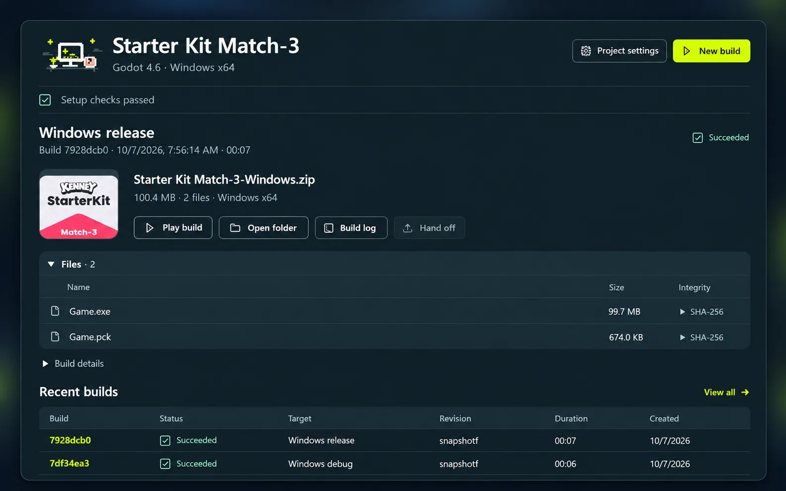 Art-directed preview of frameDock's Godot build overview, with the Windows artifact, file manifest and recent builds.