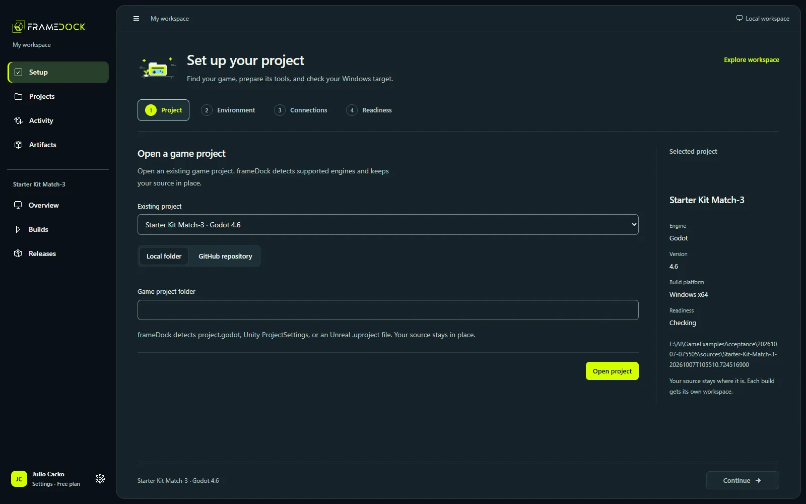 Current Godot example: open the game project. Open the full-size capture to inspect the interface.