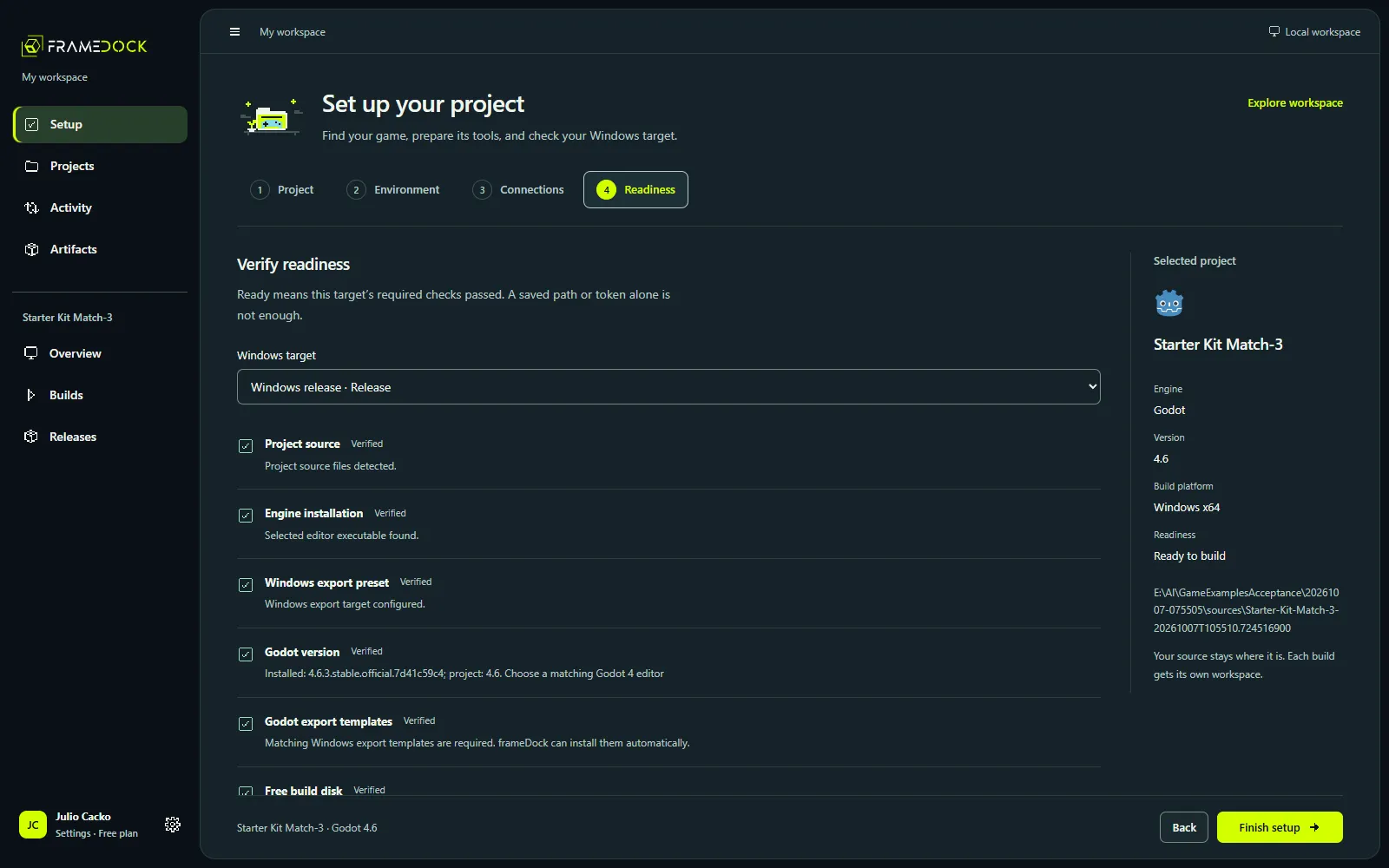 Current Godot example: run the final readiness checks. Open the full-size capture to inspect the interface.