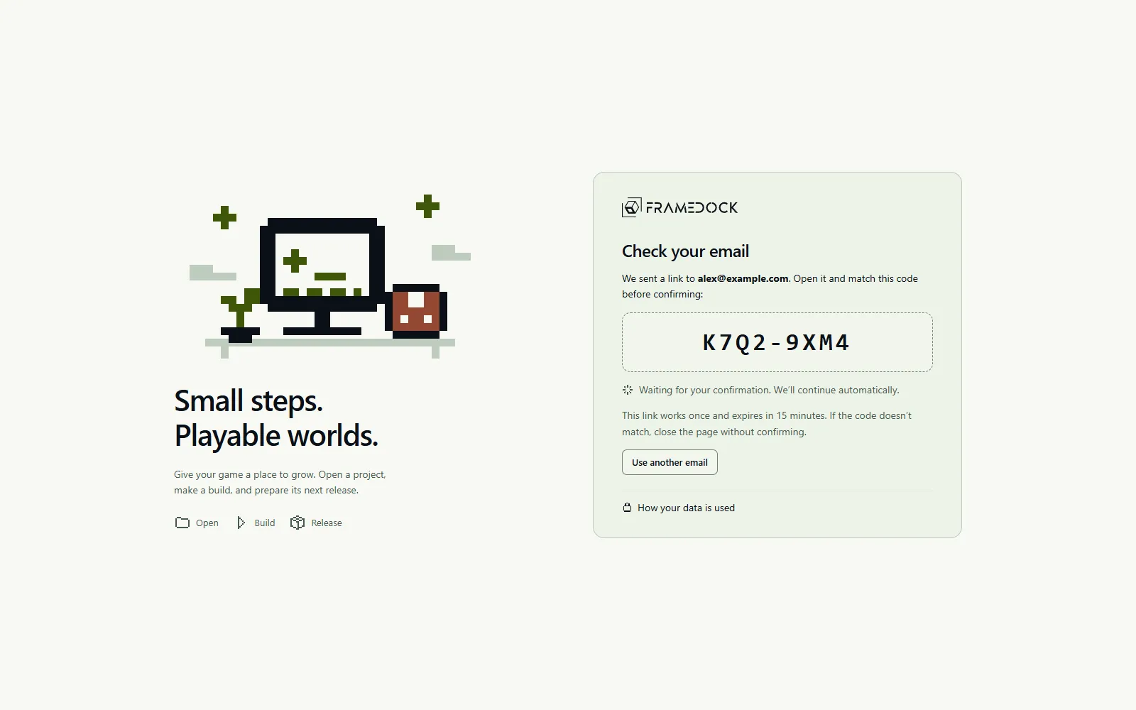 Keep this screen open while you approve the matching email code. An email link must belong to the request you made.